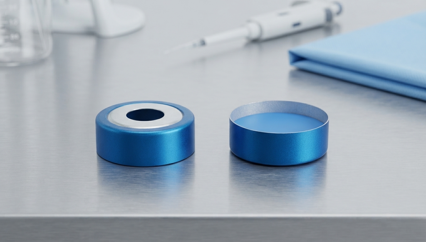 20mm BiMetal Blue Magnetic Crimp Cap, UltraClean Transparent PTFE/Transparent Blue Silicone Septa (3 mm Thick)